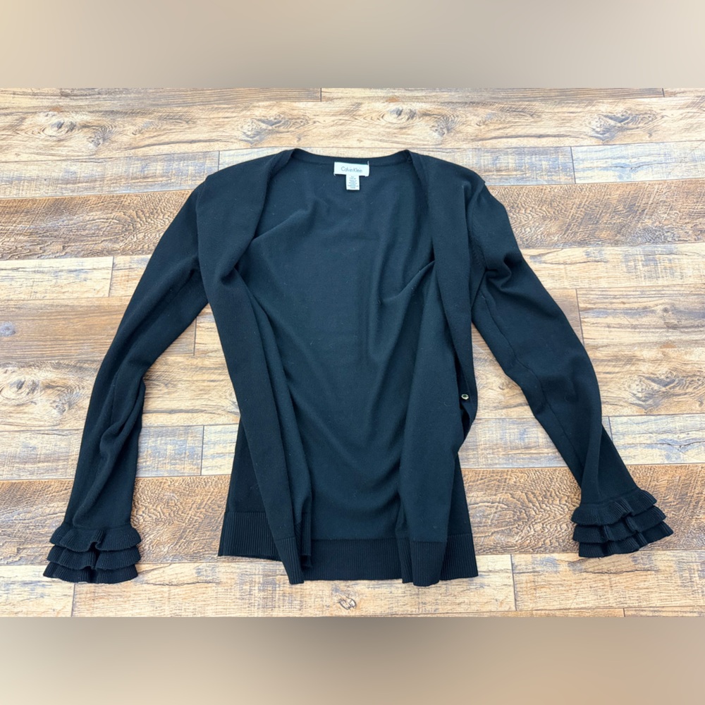 Calvin Klein Women's Size Small, Elegant Ruffle Cuff Cardigan Button Sweater - Picture 7 of 13